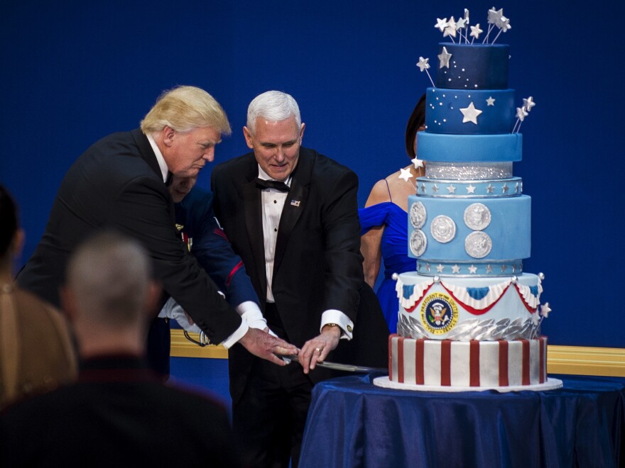 President Trump and Vice President Pence concluded the third ball of the evening by cutting a giant cake with a saber.