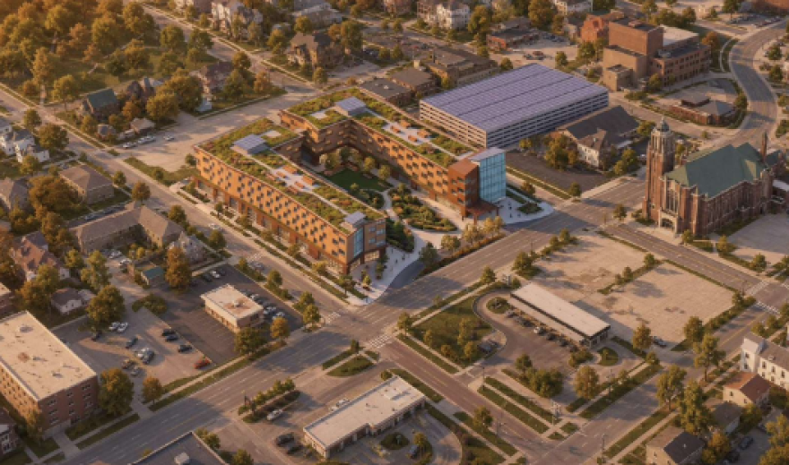 an architectural rendering of a proposed u-shaped apartment complex 