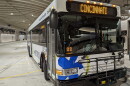 A Metro bus sits in the underground Riverfront Transit Center, beneath 2nd Street, ahead of a press conference on September 30, 2022.