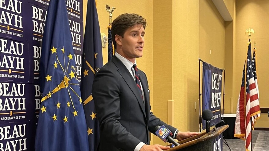Beau Bayh talks to the press after winning Indiana Democrat' nomination for secretary of state.
