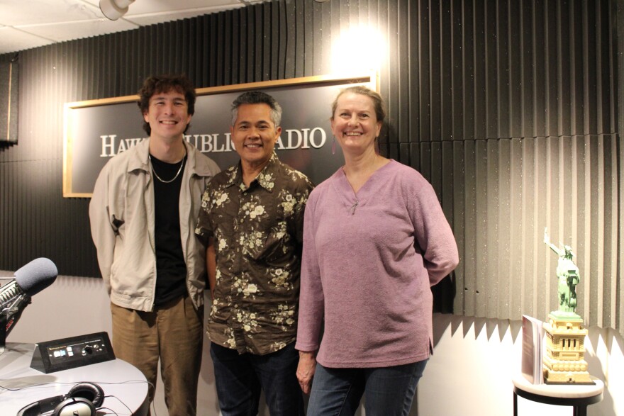 From left to right: HPR's Kevin Allen, Balinese master artist I Madé Moja, and Director of the UH Asian Theatre Program Kirstin Pauka. (March 23, 2026).