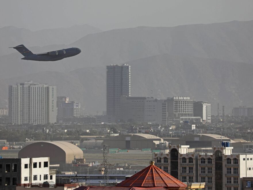 A U.S. Air Force aircraft takes off from Kabul on Friday.