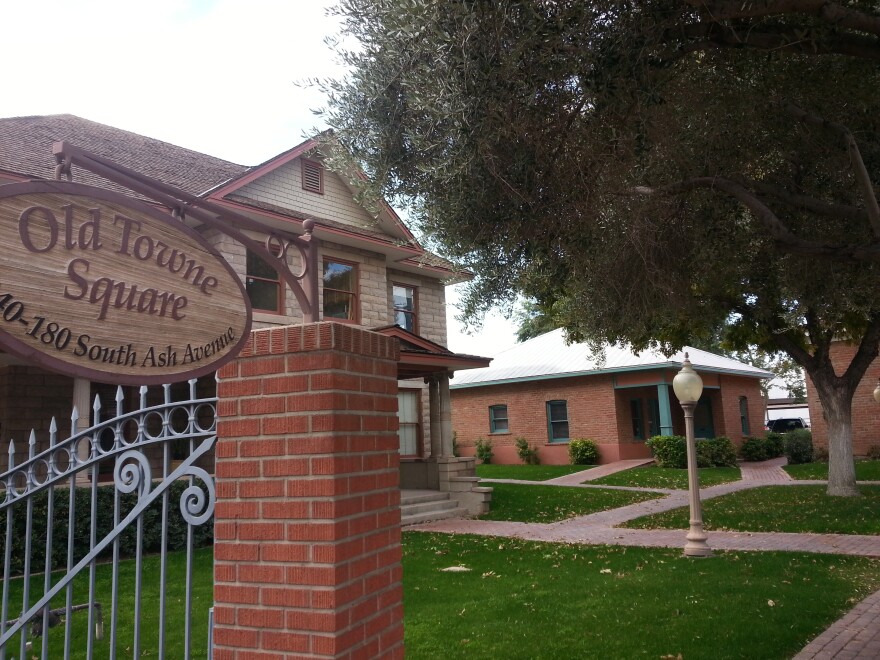 The main entrance at the Olde Towne Square on the corner of Rio Salado Parkway and Ash Avenue.