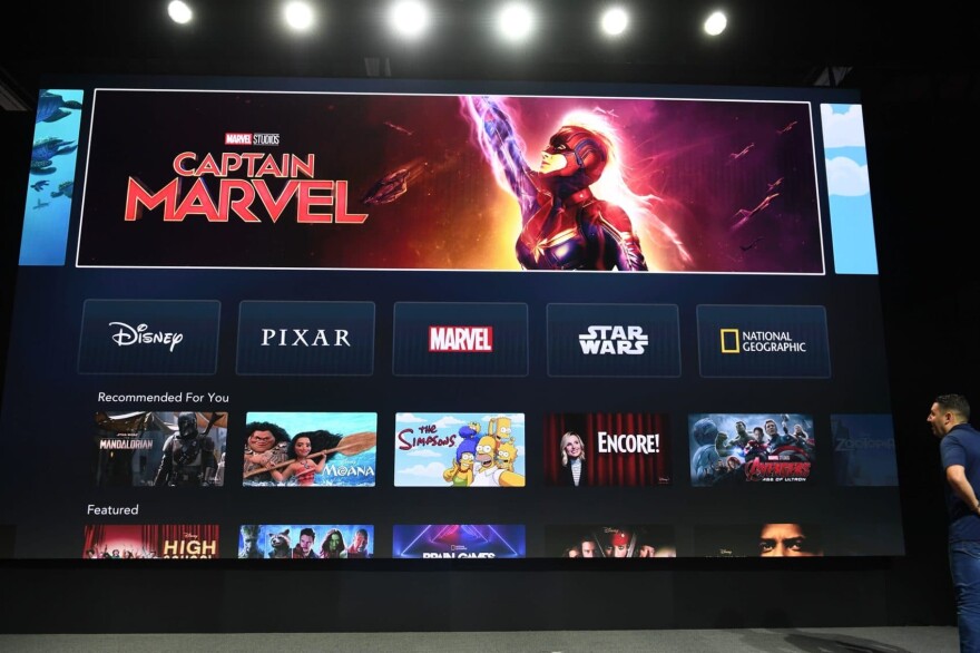 The interface of Disney+ streaming service is displayed on Apple Inc.'s AppleTV at the D23 Expo, billed as the "largest Disney fan event in the world," on Aug. 23, 2019 at the Anaheim Convention Center in Anaheim, Calif. (Robyn Beck/AFP via Getty Images)