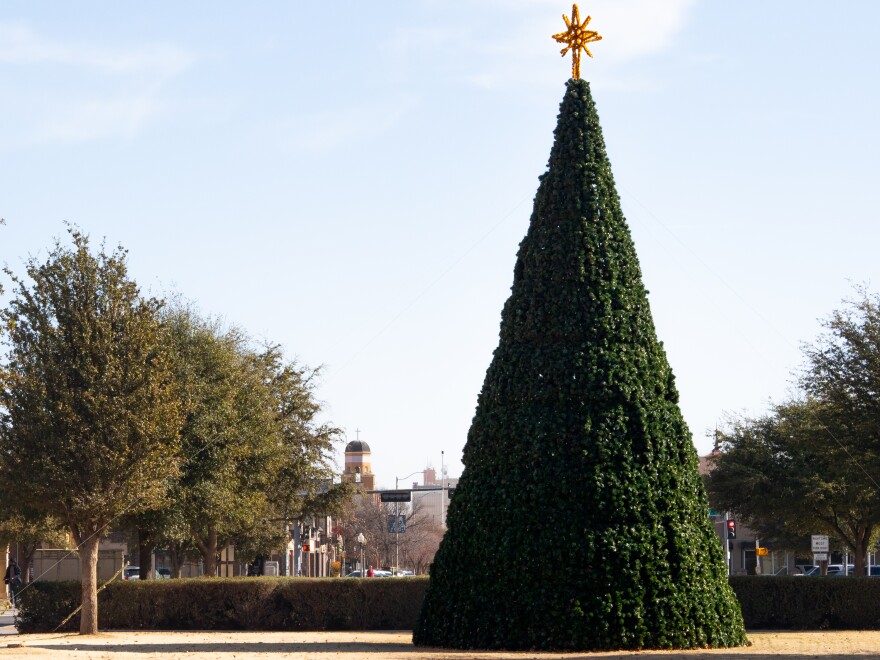 A Christmas tree by the Tech Seal on the Texas Tech University campus, Dec. 20, 2025.