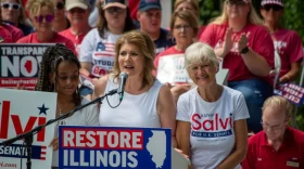 Kathy Salvi speaks to supporters at the 2022 Illinois State Fair in Springfield as a candidate for U.S. Senate. Salvi was elected chair of the Illinois Republican Party in 2024.