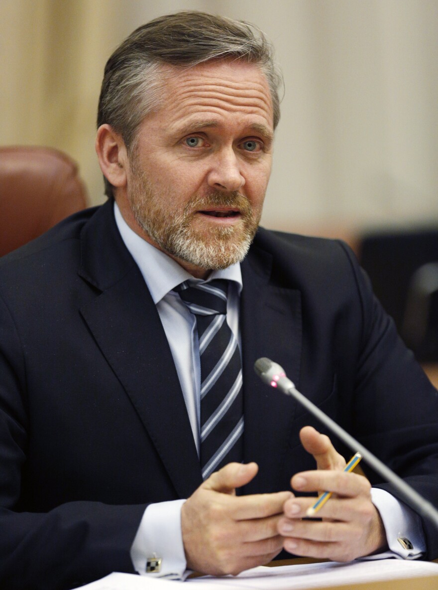 Danish Foreign Minister Anders Samuelsen, shown here during a meeting with Ukraine's prime minister on Jan. 30, predicts other countries will follow Denmark's example in appointing a tech ambassador.