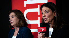 Republican Gov. Kelly Ayotte (right) and Democrat Cinde Warmington appear during a candidate forum hosted by NHPR and the Granite State News Collaborative, Oct. 22, 2026.
