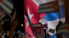Cuban President Miguel Diaz-Canel, speaks to attendees during an event marking the 73th anniversary of the start of the Cuban Revolution in Pinar del Rio, Cuba, Sunday, July 26, 2026.