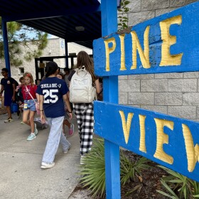 Close-up of a wooden blue and yellow sign that says Pine View with children walking to the left