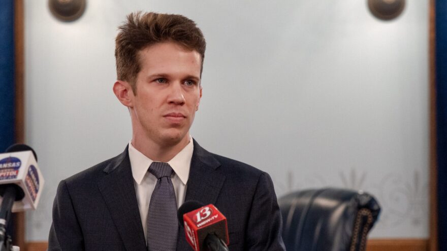 Kansas Sen. Patrick Schmidt, D-Topeka, talks to reporters during a May 27, 2026, news conference at the Statehouse in Topeka.