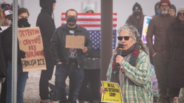 TJ Young speaks during a protest against a rumored Immigration and Customs Enforcement detention center in Salt Lake City, Jan. 16, 2026