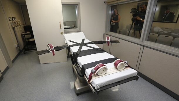 This Thursday, Oct. 9, 2014 photo shows the gurney in the the execution chamber at the Oklahoma State Penitentiary in McAlester, Okla.