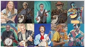 A collage of banjo player trading cards
