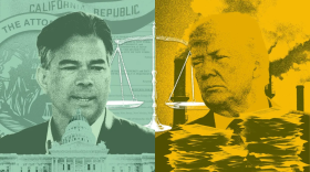 Photo illustration of a split composition; one side shows Attorney General Rob Bonta, set against a background of the CA flag and Attorney General seal; the other side shows Donald Trump behind a stack of papers, set against a background of an oil refinery; the middle of the composition features the scales of justice.