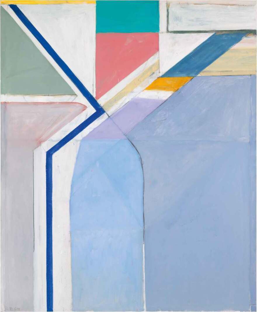 Diebenkorn's studio sat on a hillside; he looked out and up at the geometry of the hill, and how the streets crossed one another. Above, his 1969 oil painting <em>Ocean Park #24</em>.