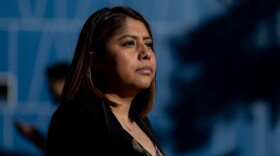 Erika Castro, DACA recepient and community organizer sits outside the East Las Vegas Library in Las Vegas, Nevada, on Feb. 19, 2020. (Krystal Ramirez for Here & Now)