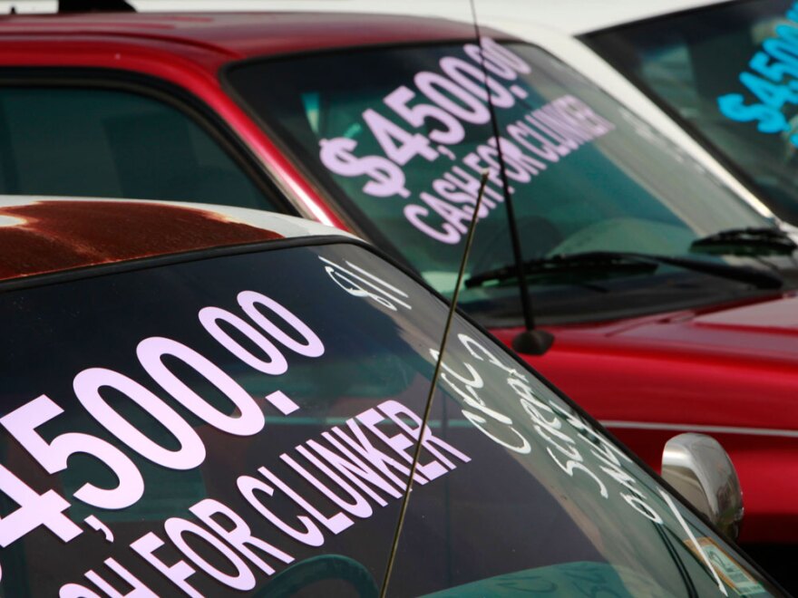 The government's "cash for clunkers" program boosted retail sales in August. Cars traded in as part of the program are seen in this Aug. 5 photo at Winner Ford in Cherry Hill N.J.