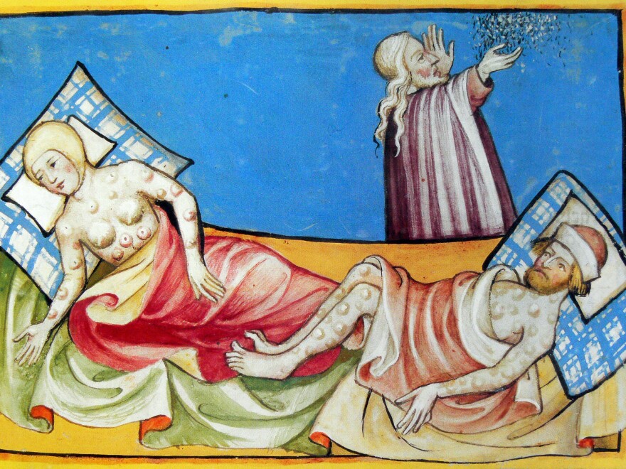 Not long ago, NPR published what we described as a 15th-century Bible depiction of a couple suffering from the blisters of bubonic plague. A reader pointed out that it was actually a depiction of people suffering from the sixth biblical plague.