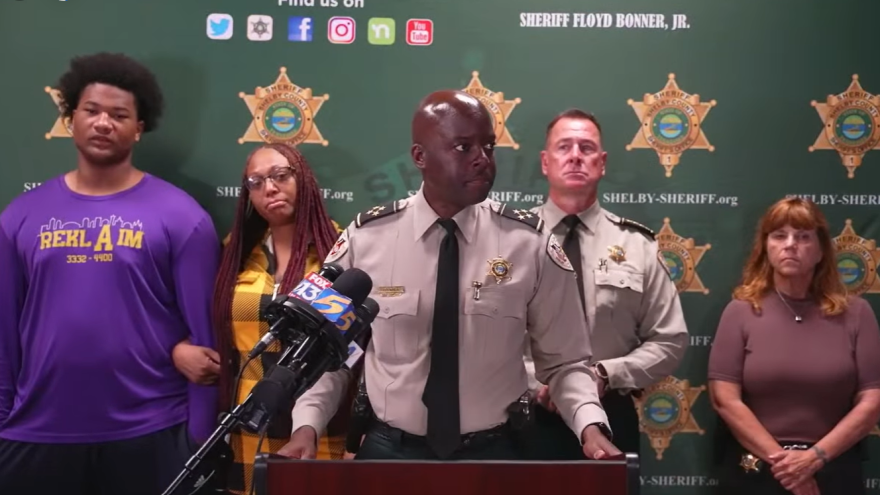 Shelby County Sheriff Department Chief Deputy Anthony Buckner, center, speaks during press conference on Monday, July 21, 2025, in Memphis, Tenn., discussing the shooting of Ole Miss football player Corey Adams over the weekend.