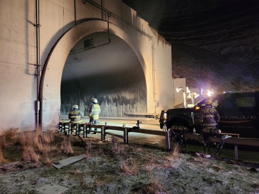 Wyoming Highway Patrol and other first responders at the site of the multi-vehicle crash that caused a fire in the westbound Green River Tunnel on Interstate 80 in Wyoming.