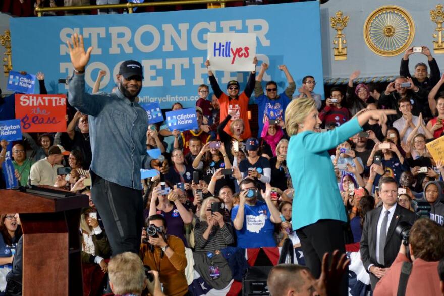 Hillary Clinton and LeBron James greet supporters in downtown Cleveland. (Nick Castele / ideastream)