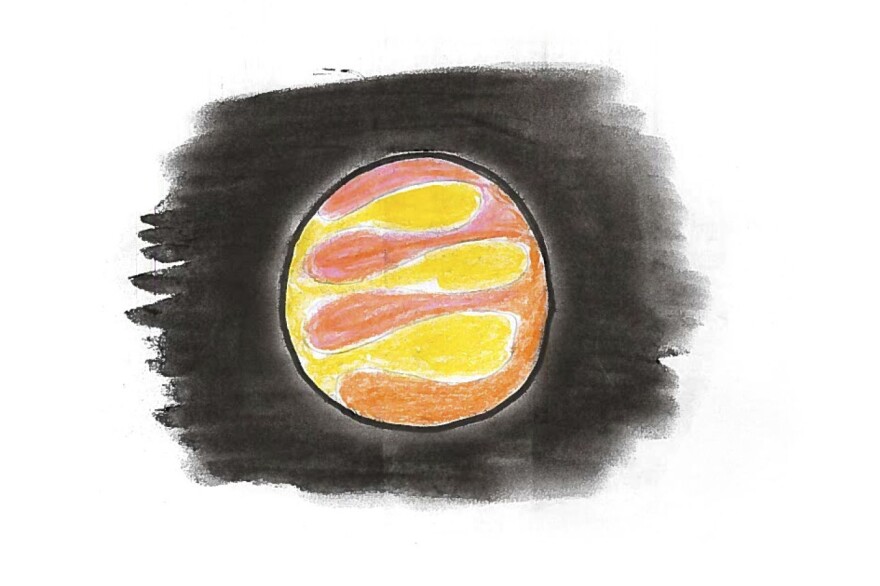 A yellow and pink planet with orange swirls.