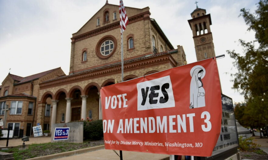 Ahead of the November election, all four Missouri Catholic Bishops issued a letter urging parishioners to vote yes on Amendment 3, which would repeal the 2024 abortion rights amendment. A sign supporting the amendment stands outside Our Lady of Sorrows Catholic Church in St. Louis (Anna Spoerre/Missouri Independent).