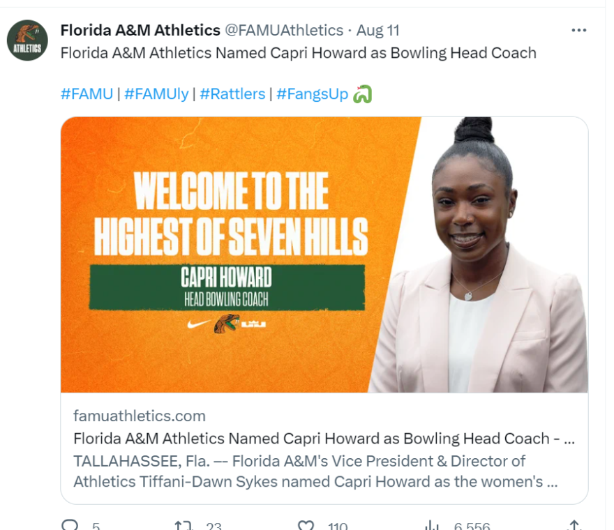 Florida A&M Athletics Named Capri Howard as Bowling Head Coach via Twitter.