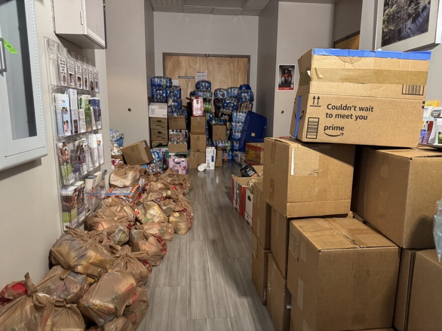 Donations at the AB Tech Madison location, being handed out by Marshall Fire Department.