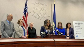 Connecticut's Department of Children and Families Commissioner Jodi Hill-Lilly announces policy changes about STAR group homes on Thursday, March 14. State lawmakers stand alongside her as she makes her announcement in Hartford.