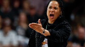 South Carolina head coach Dawn Staley argues a call during the second half of an NCAA college basketball game against Missouri in Columbia, S.C., Thursday, Feb. 26, 2026. (AP Photo/Nell Redmond)