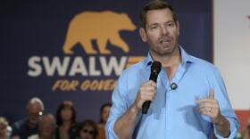 Former California gubernatorial candidate, Rep. Eric Swalwell, D-CA, appears at a town hall meeting in Sacramento, Calif., Tuesday, April 7, 2026. (Rich Pedroncelli/AP)