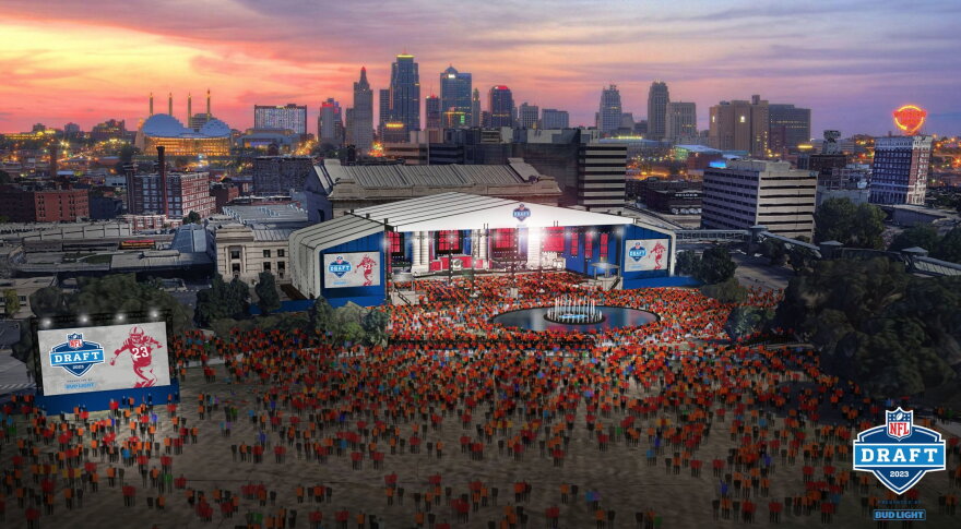  An aerial rendering shows fans watching the NFL Draft with the Kansas City skyline in the background.