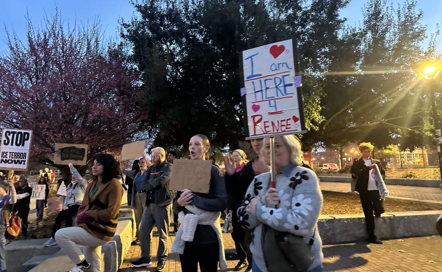 Protesters gather at First Ward Park in Charlotte on Thursday, Jan. 8, 2026, calling for ICE accountability after the killing of U.S. citizen Renee Nicole Good.