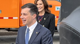 U.S. Transportation Secretary Pete Buttigieg and Michigan Gov. Gretchen Whitmer announce federal grant to start process of converting I-375 in Detroit to a neighborhood boulevard. I-375 split Detroit’s Black Bottom neighborhood and Paradise Valley entertainment district when it was constructed in the 1950s and 1960s. (Photo: Rick Pluta/MPRN)
