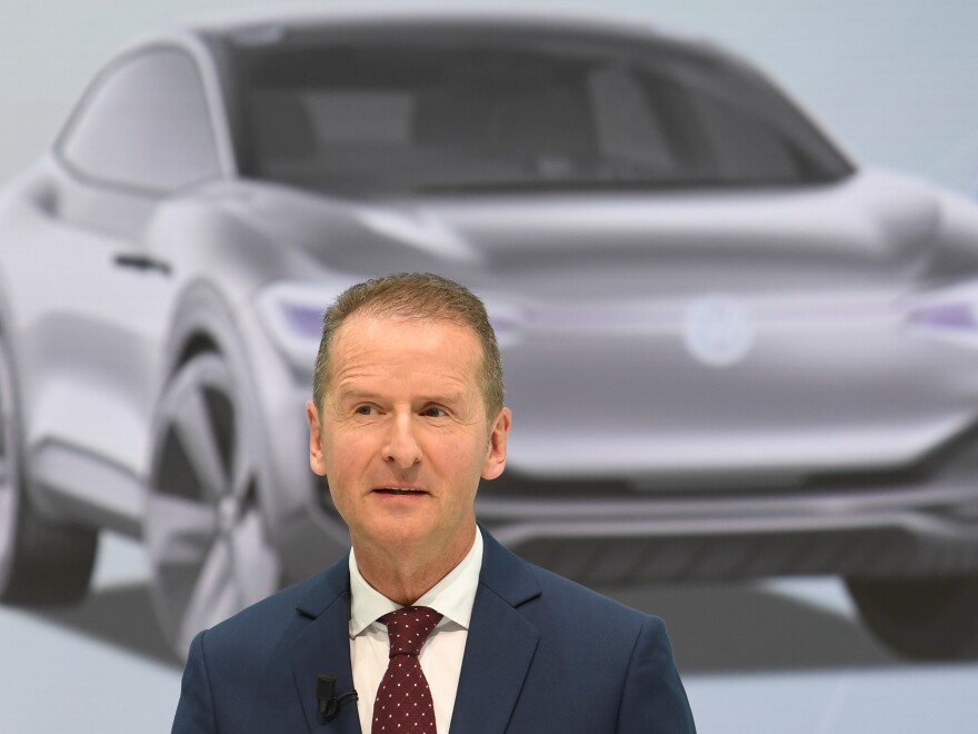 Herbert Diess, Volkswagen's new CEO addresses, the media during a news conference at the company's plant in Wolfsburg, Germany, April 13. As the company turns the page from its diesel emissions cheating scandal, it says its future is electric.