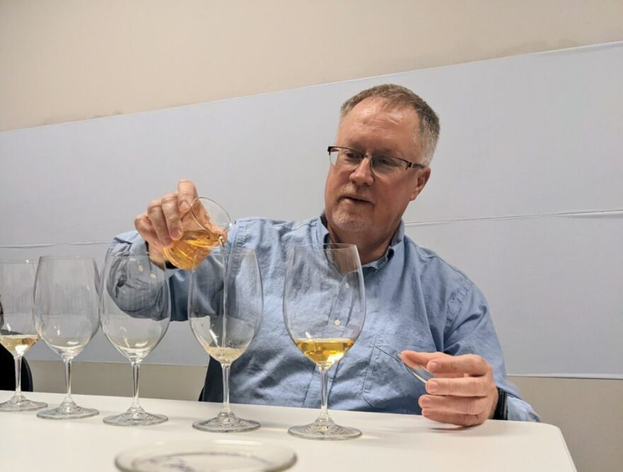 Tom Collins testing smoke tainted spirits at the WSU Wine Science Center in Richland, Wash.