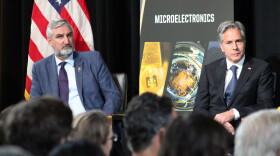 U.S. Secretary of State Anthony Blinken (right) and Indiana Gov. Eric Holcomb (left) during a fireside chat at Purdue University on Tuesday (WBAA News/Ben Thorp)