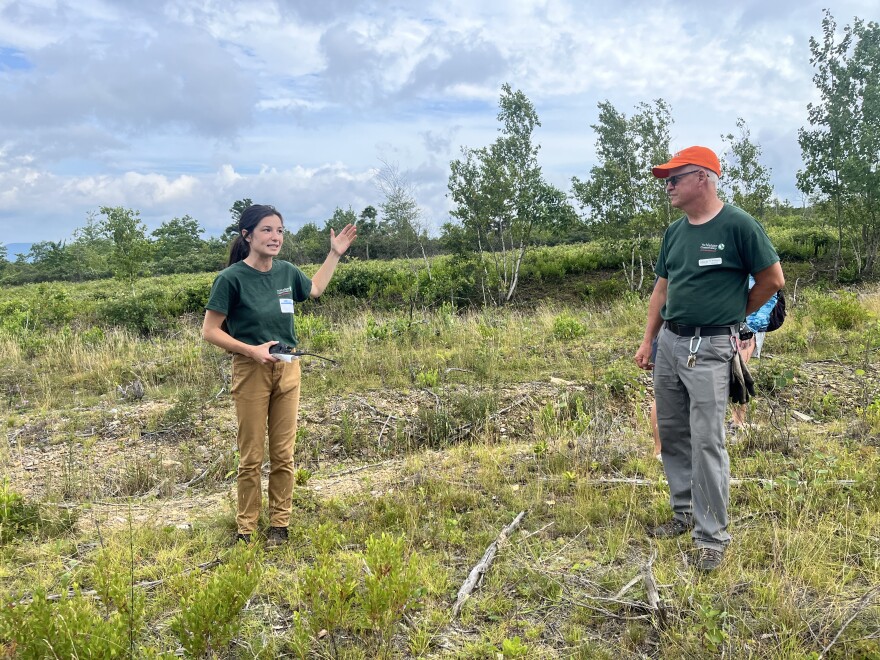 Emily Tramontano, left, The Nature Conservancy preserve manager for most of Northeast Pennsylvania, and Pat McElhenney, director of stewardship, lead a hike a the Eales Preserve at Moosic Mountain.