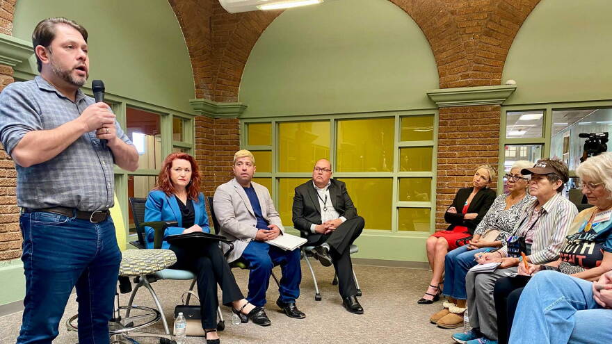 Sen. Ruben Gallego talks to constituents, at the Chiricahua Community Health Center in Douglas on March 18, 2025