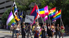 A group of people walking while holding flags. One person holds up a sign that says “Humanity.”