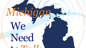 graphic showing the shape of michigan with radio signals coming out of it in orange. Text says "MIchigan, we need to talk"