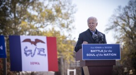 Democratic Presidential Nominee Joe Biden speaks at a drive-in rally at the Iowa State Fairgrounds four days before Election Day on 10/30/2020.