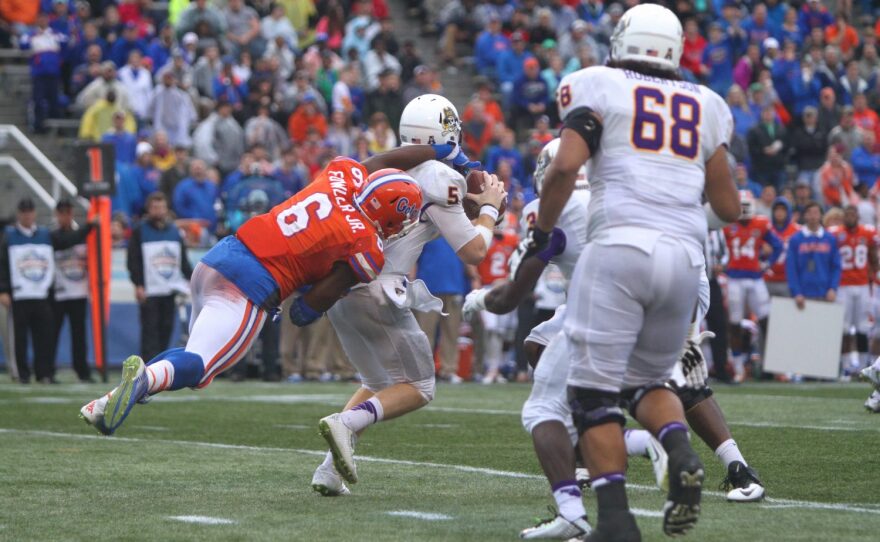 Dante Fowler (6) during the Gators' January 2015 game against East Carolina University in the Birmingham Bowl. Now playing for the Jaguars, Fowler has more 15-yard penalties this season than sacks. (File/WUFT News)