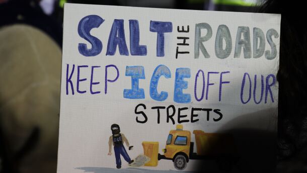 Sign at a protest in Merrimack against a proposed ICE immigrant detainee processing site. The proposal was part of a draft plan obtained by the Washington Post. Town and state officials said they hadn't received any information from the federal government about the proposal.