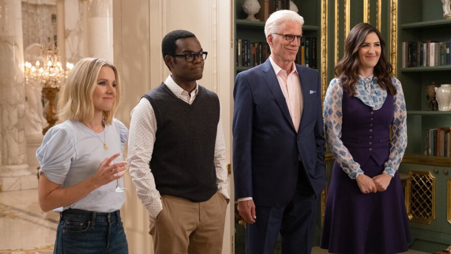 Kristen Bell as Eleanor, William Jackson Harper as Chidi, Ted Danson as Michael and D'Arcy Carden as Janet.
