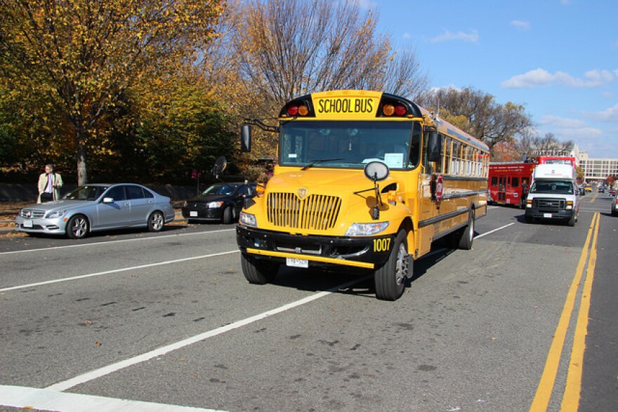 A yellow school bus driving down the road