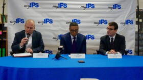 Indy Chamber CEO Michael Huber, IPS Superintendent Lewis Ferebee, and IPS Board President Michael O'Connor during a press briefing Monday, March 5, 2018.