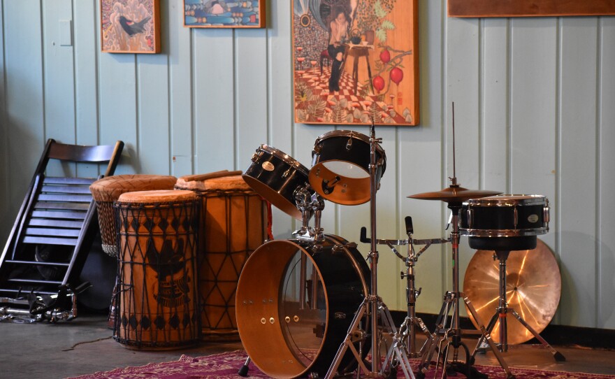 Instruments ready to be played at "Two West" in Ypsilanti, Mich.